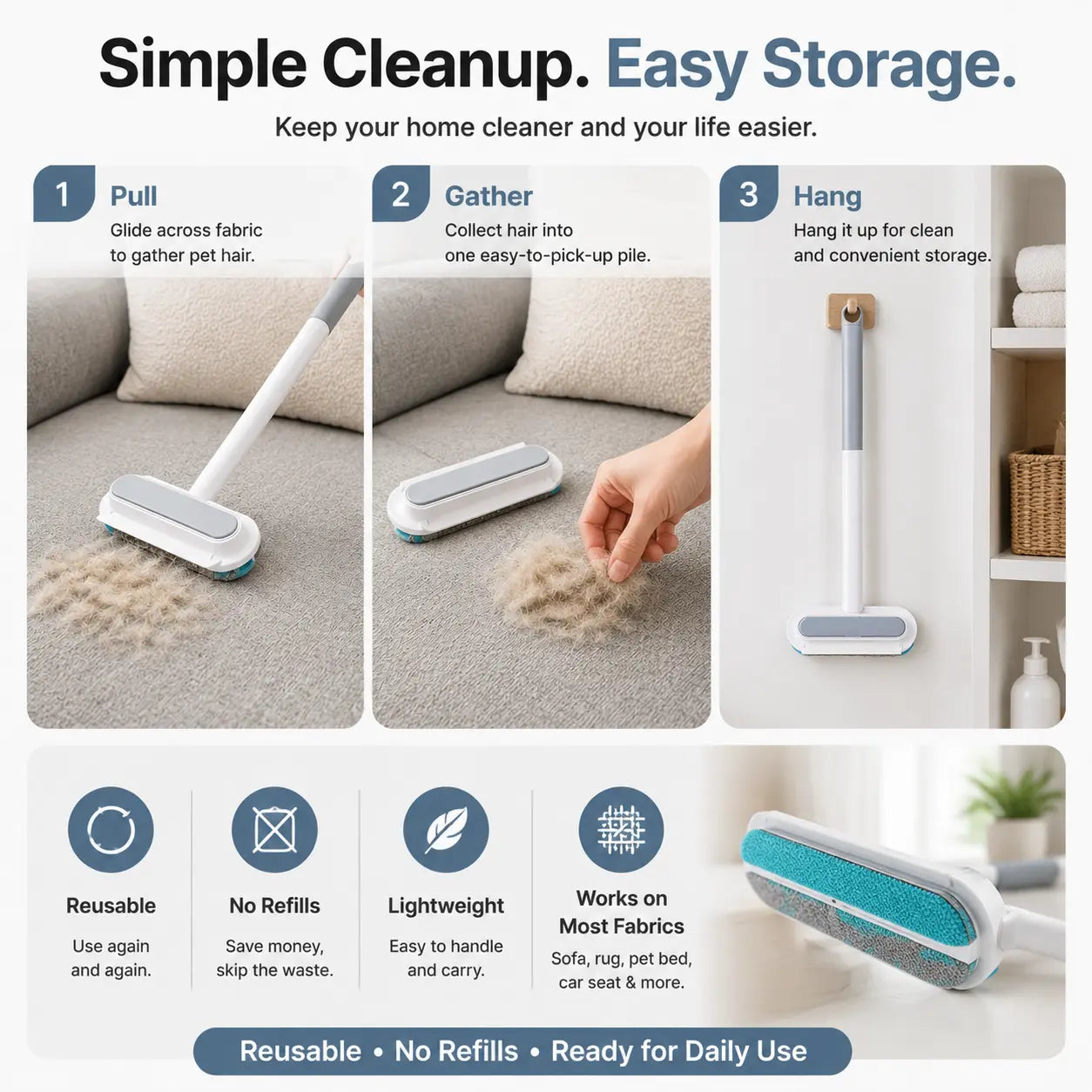 Manual Long-Handle Universal Pet Hair Remover Brush - Reusable, Easy Cleanup, Hair-Gathering Tool for Sofa, Carpet - Dog & Cat Grooming Fabric Cleaner